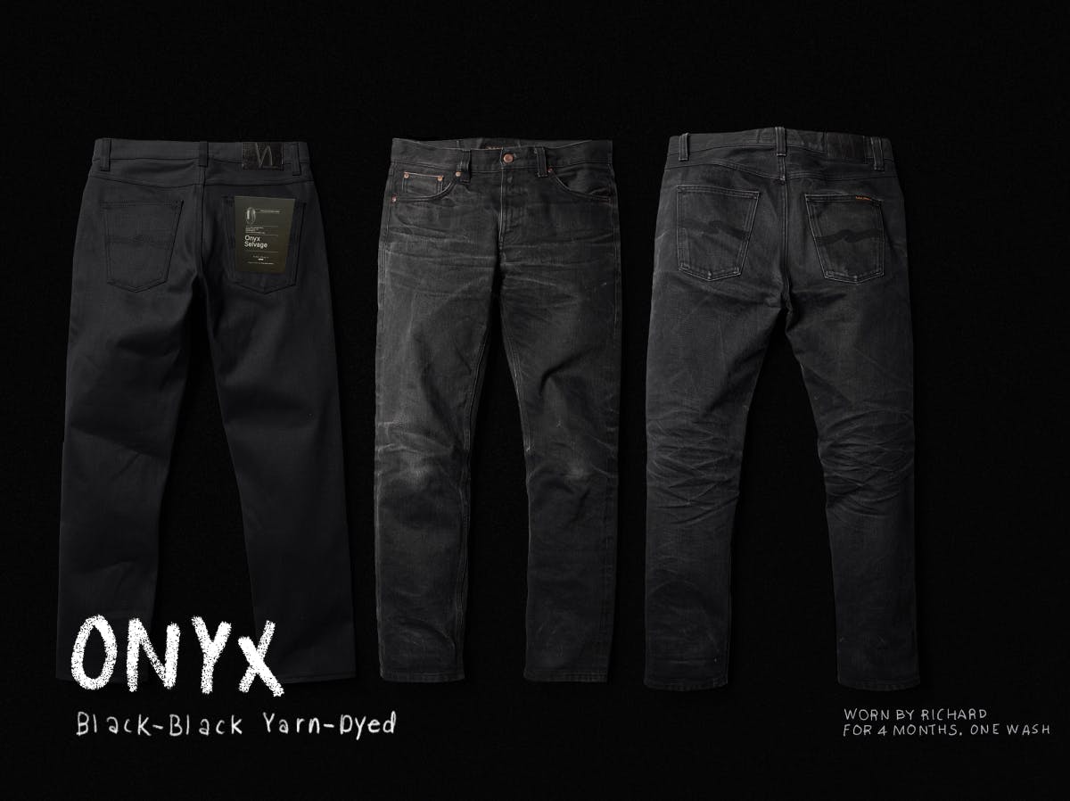 A fast-fading black denim characterized by its property in rendering high contrasting wear marks.