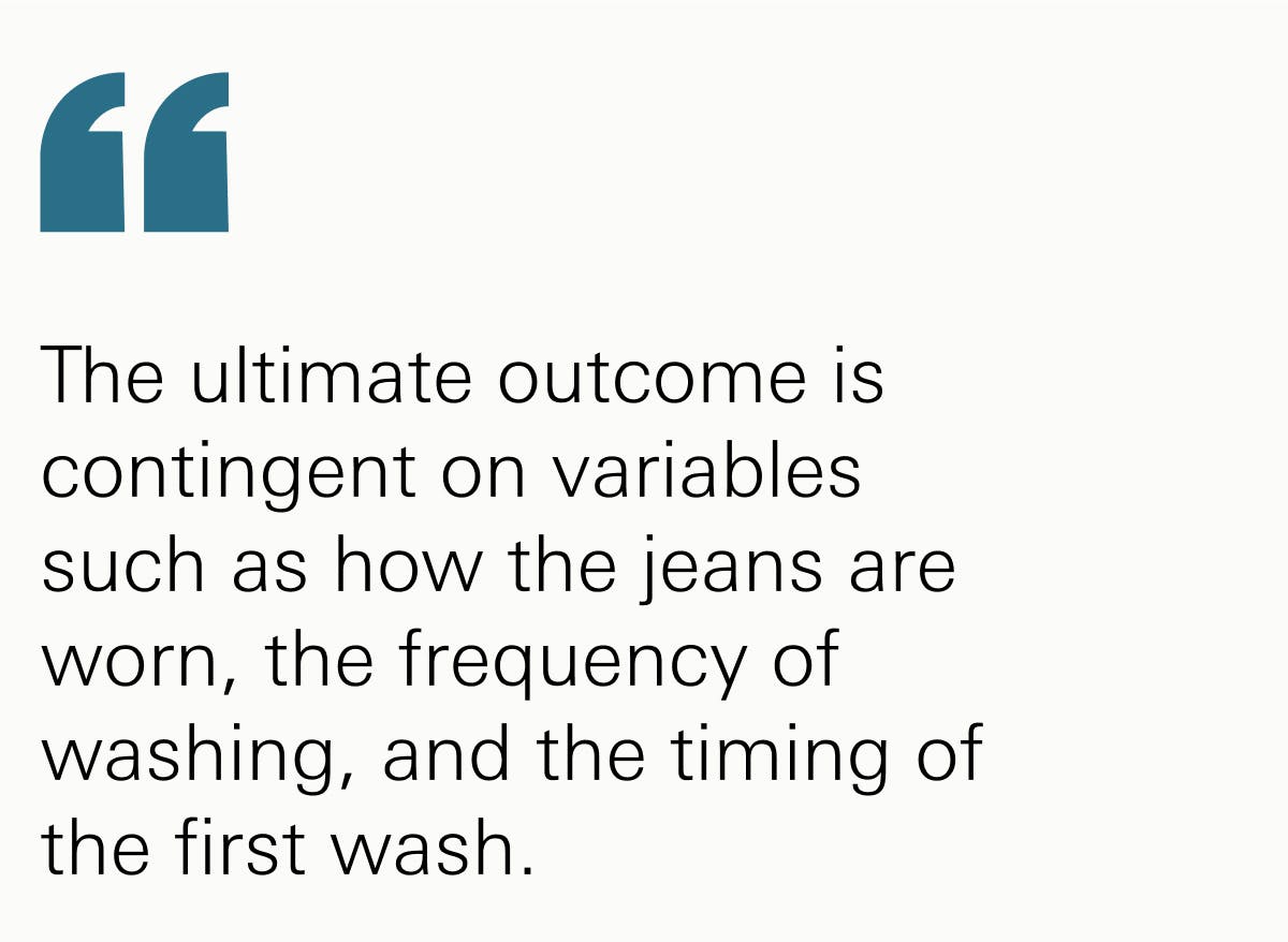 The ultimate outcome is contingent on variables such as how the jeans are worn, the frequency of washing, and the timing of the first wash.